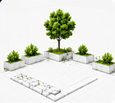 Schematisches Gartenkonzept mit Pflanzinseln