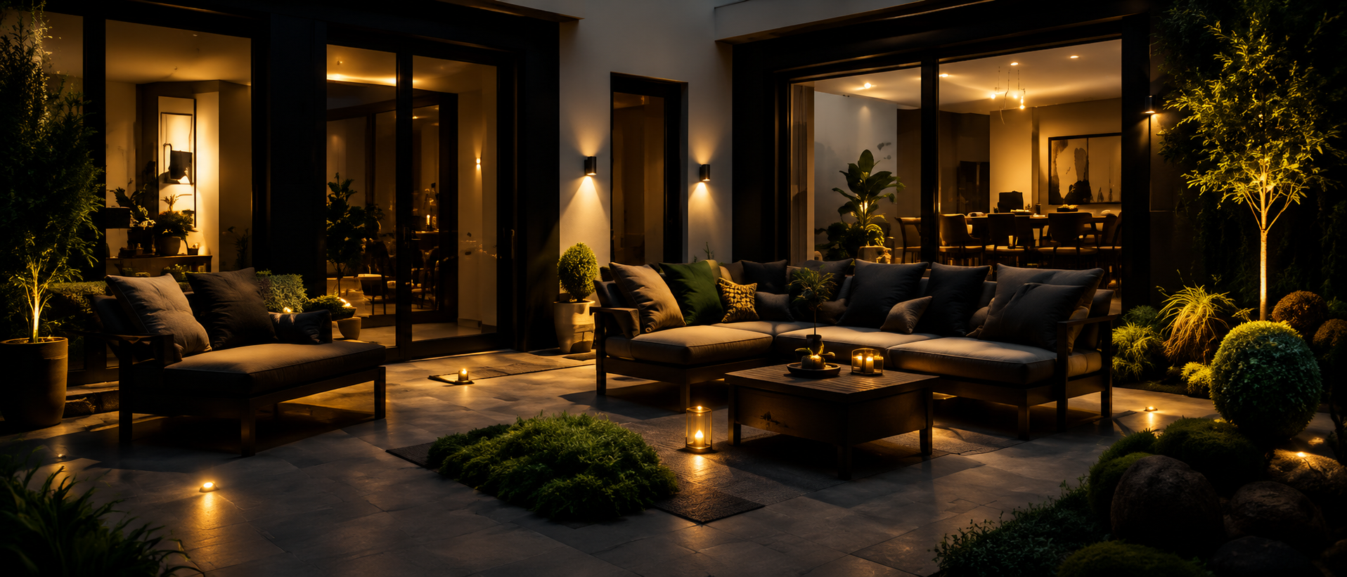 Beleuchtete Terrasse mit Gartenlounge
